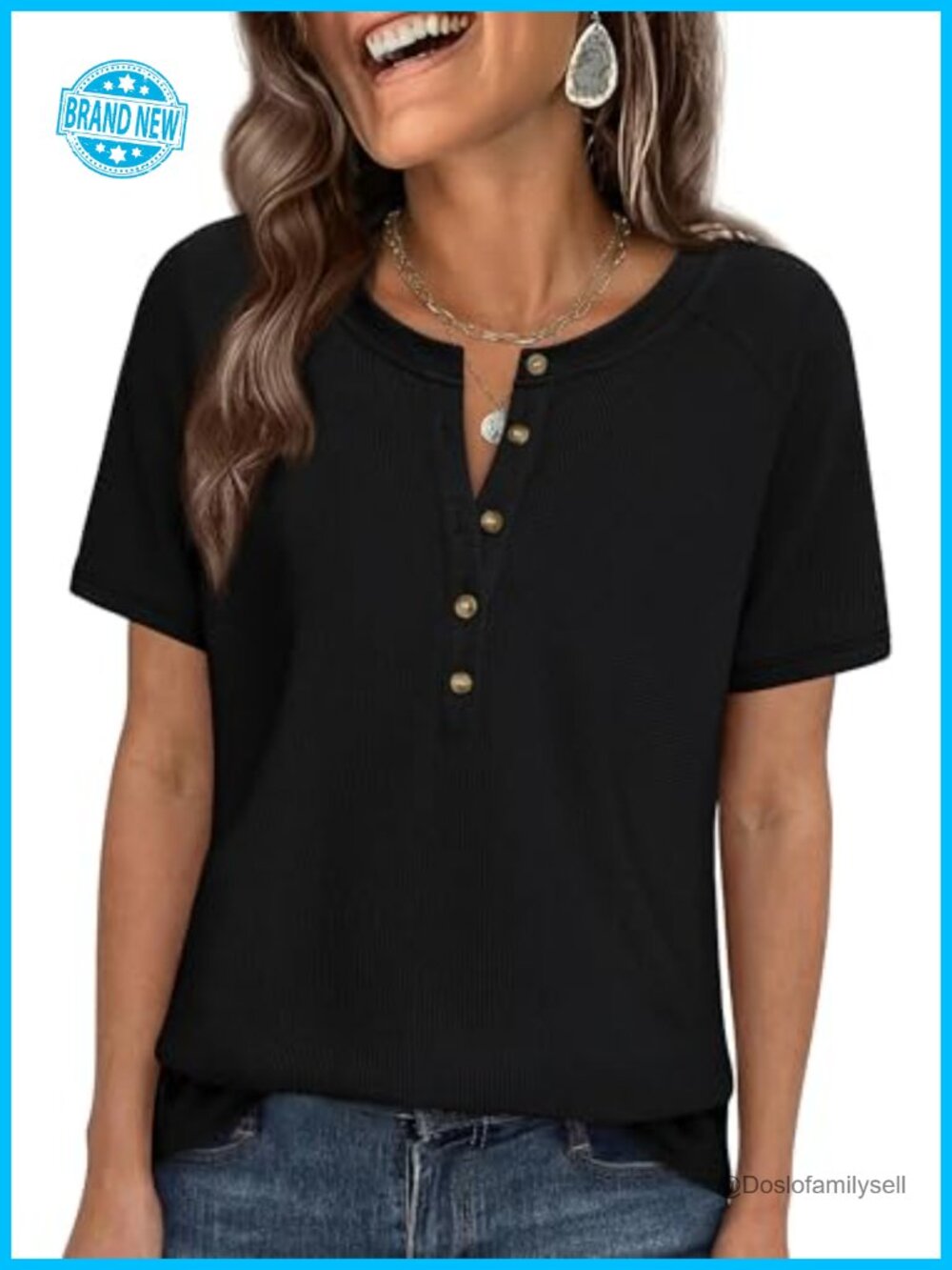 Waffle Knit Henley Top Short Sleeve Button Neck Casual T-Shirt Women